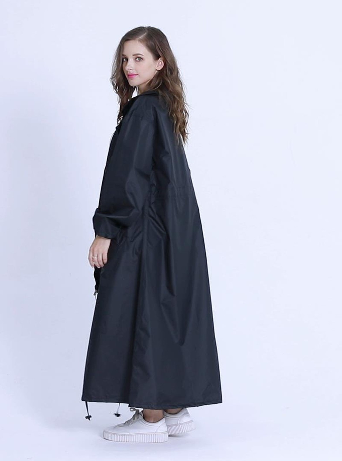 Freesmily Women’s Stylish Long Raincoat with Hood and Multi Color Pattern Black