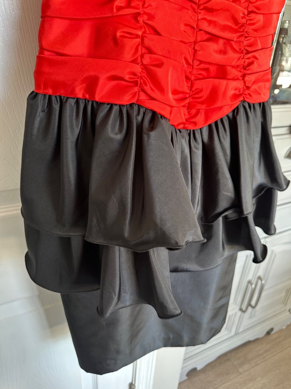 VTG Vera Mont France 42 Red Black Ruched Cocktail Party Dress Pin Up