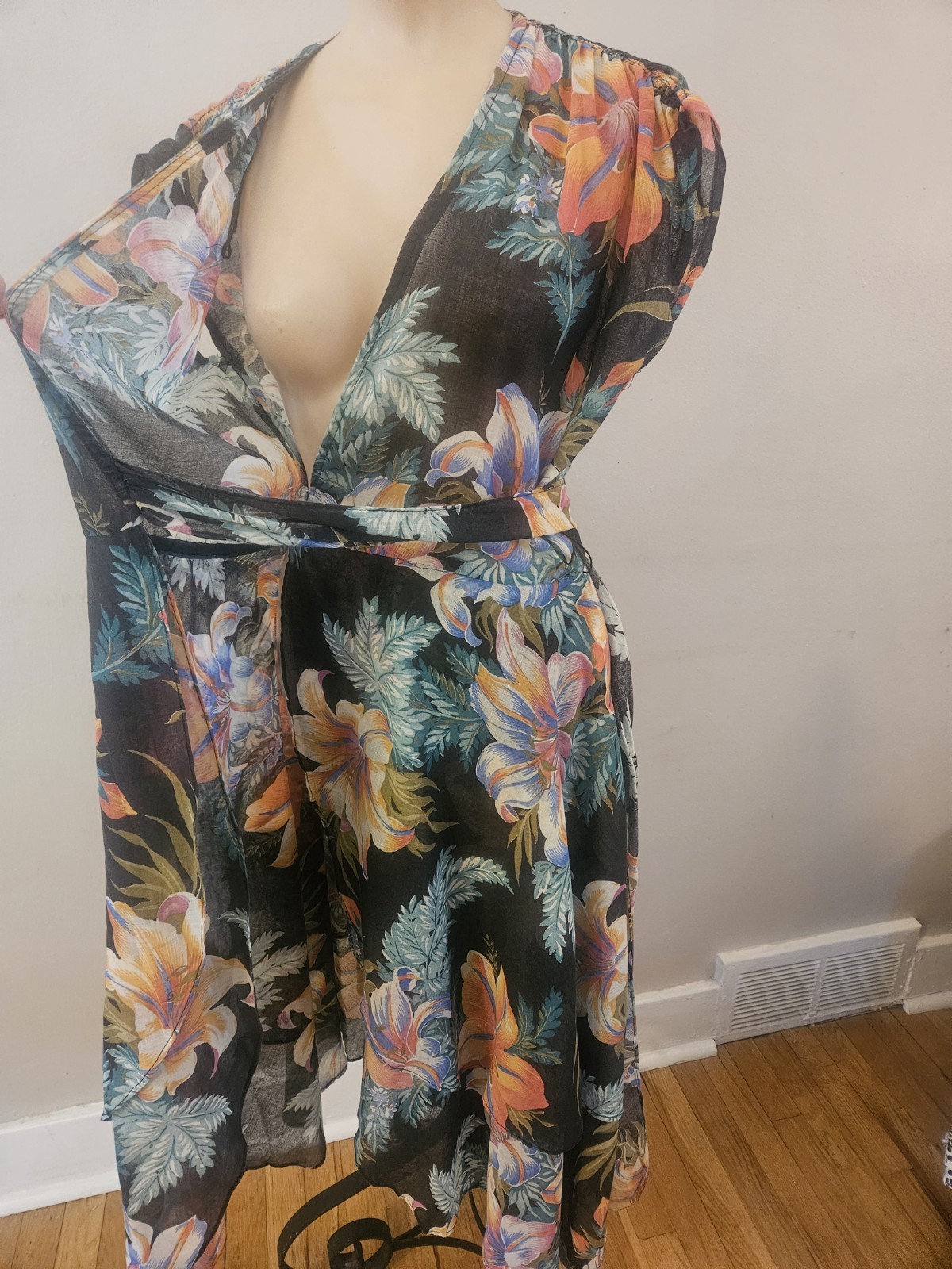 Vintage 1940s Cotton Voile Hawaiian Floral Black Tiered Wrap Dress