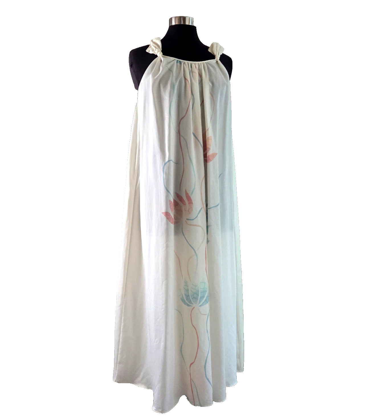 Vintage Mary McFadden S Dress Pastel Floral Lotus Pink Blue on Cream Bow Strap