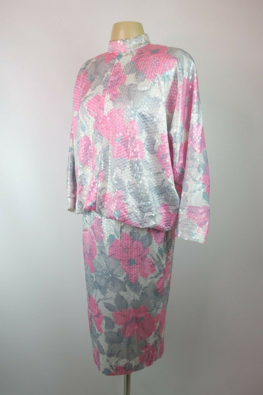 Jarin Ruben Panis 10 Floral Sequin Blouson Moc Neck L/S Gown Dress 70s Vintage