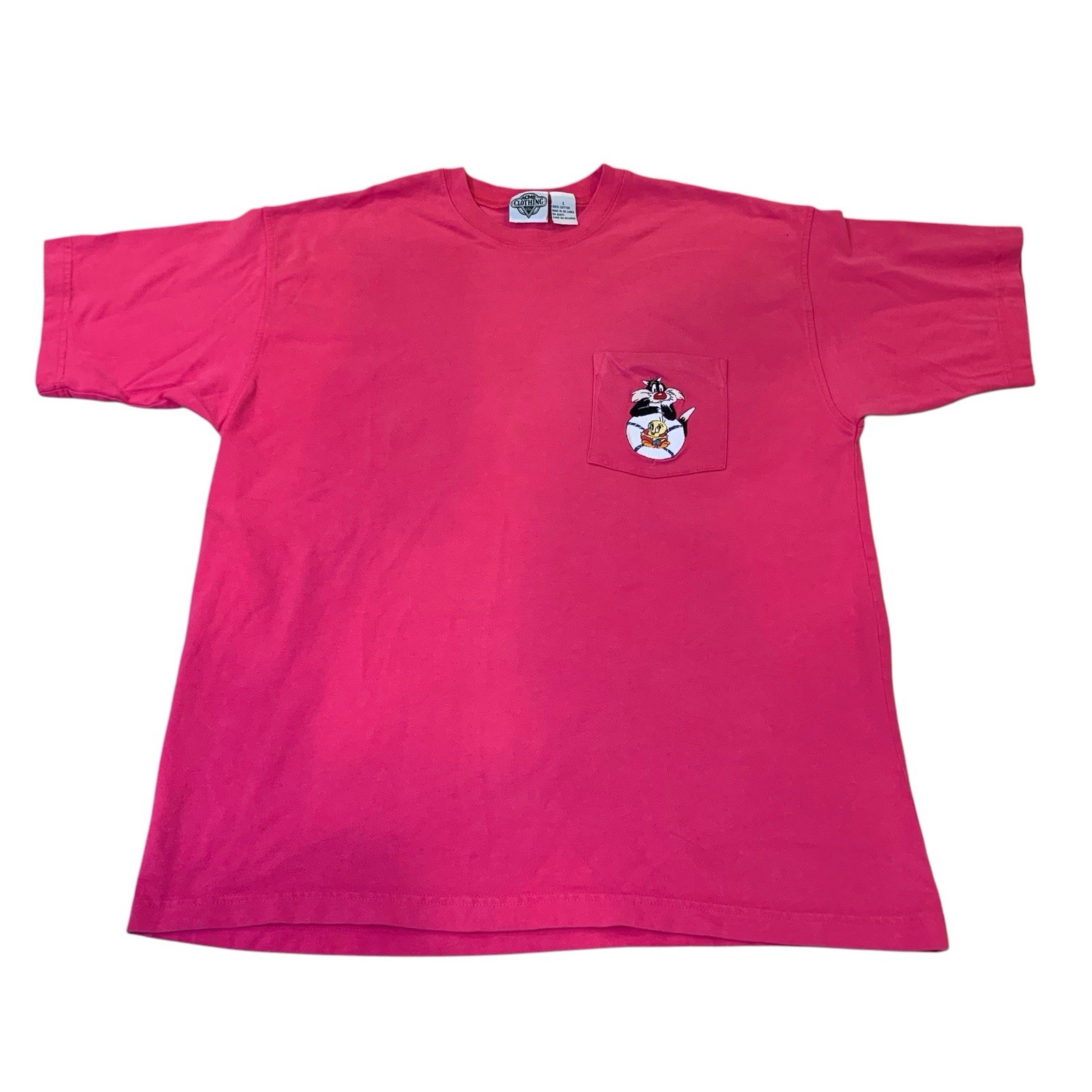 Vintage Acme Clothing Looney Toons Pink Women’s T-Shirt Embroidered Pocket RARE