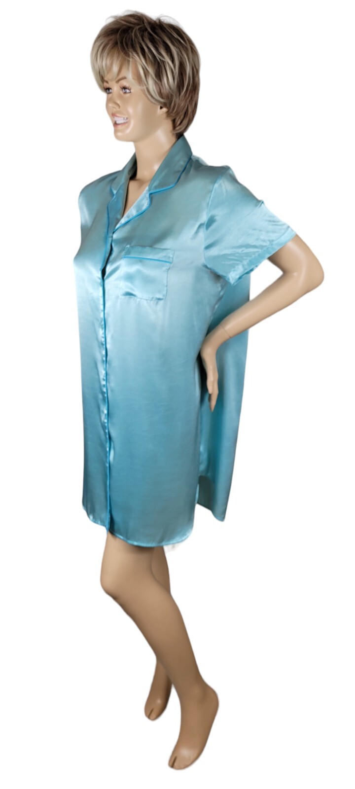 Vintage 90’s Delicates Liquid Satin Poly Turquoise Sleep Shirt Nightgown Sz XL