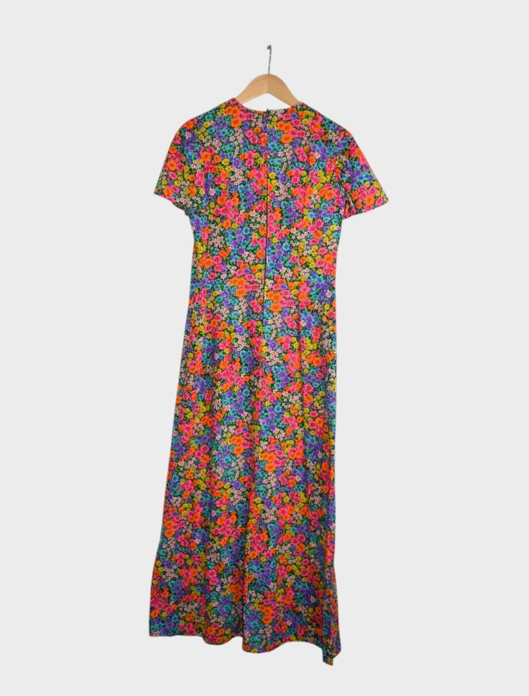 Vintage 60s Dress Womens S Floral Multicolor Maxi Short Sleeve Day Hippy Boho