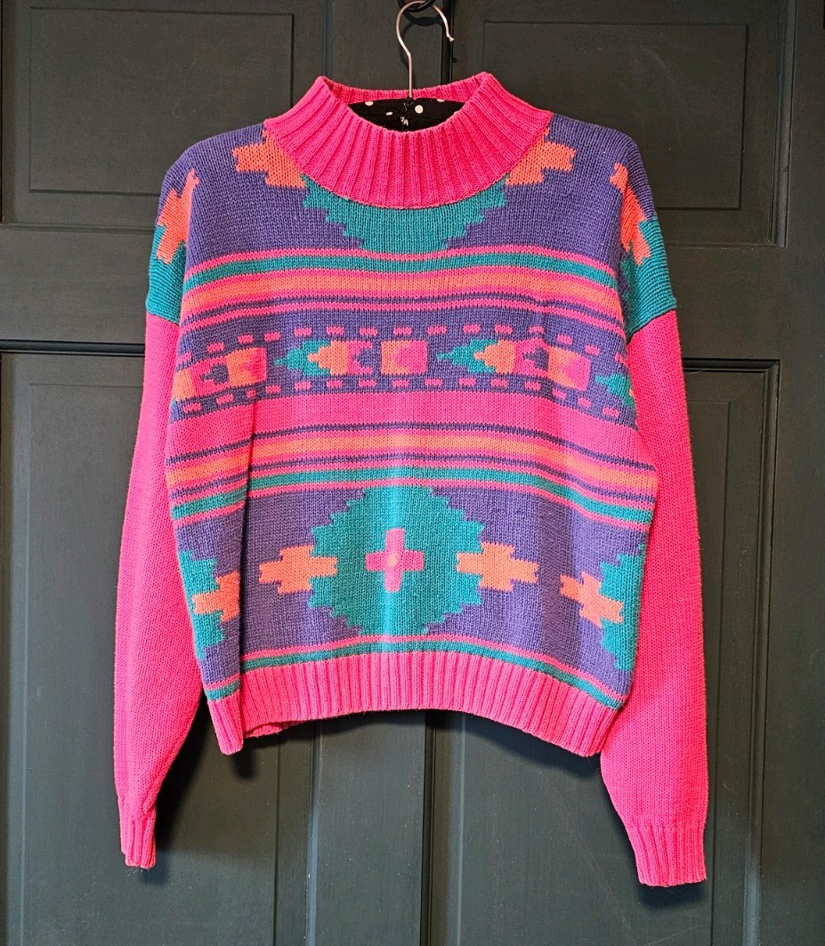 Vintage 80s 90s Nuovo Southwestern Aztec Sweater M Pink Purple Geometric Tribal
