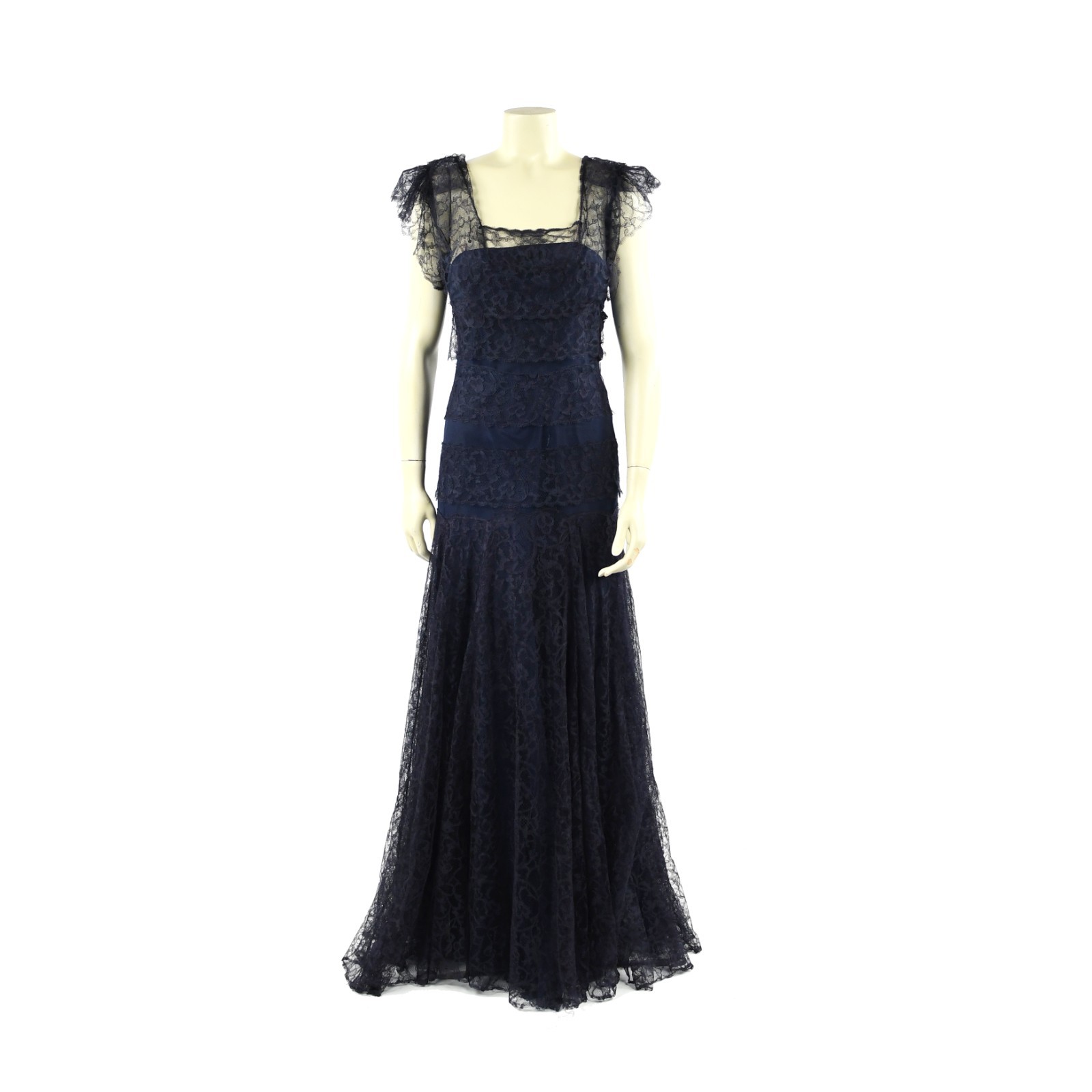 Vintage 40s Sheer Navy Blue Floral Lace Tiered Ruffle Art Deco Evening Dress S M