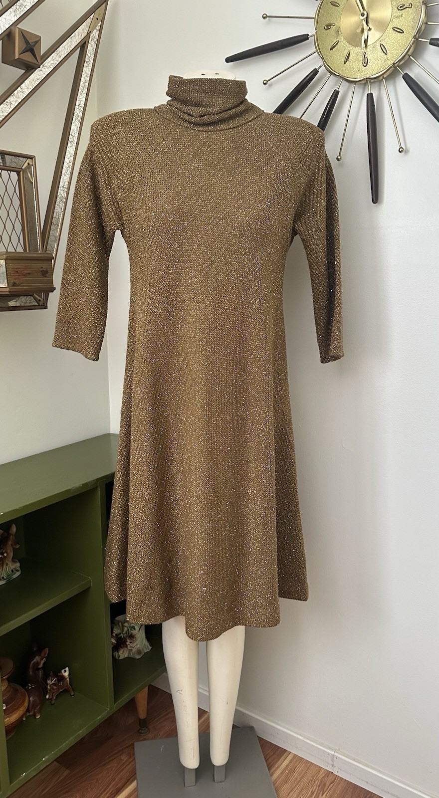Vintage Brown And Glitter Gold Knit Sweater Dress By Pauline Trigere