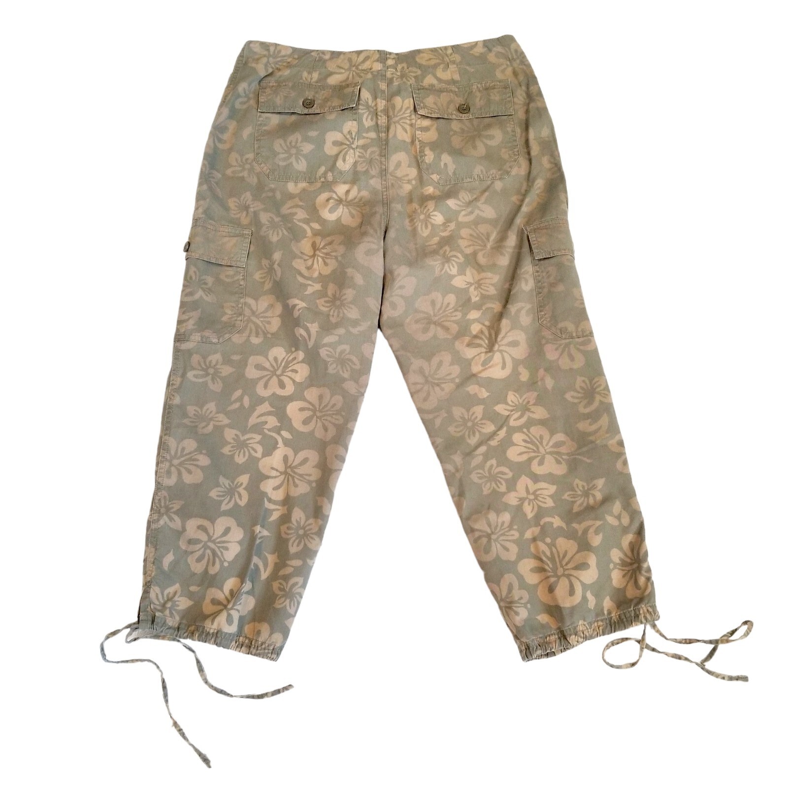 Vintage 90s Khaki Green Hawaiian Floral Cargo Cropped Pants Capris Size M 8/10