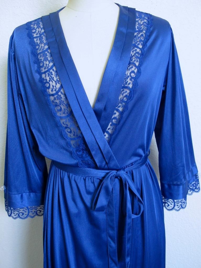 Vintage Gilead Long Silky Nylon Robe w Lace Insertion S Tie Belt Royal Blue
