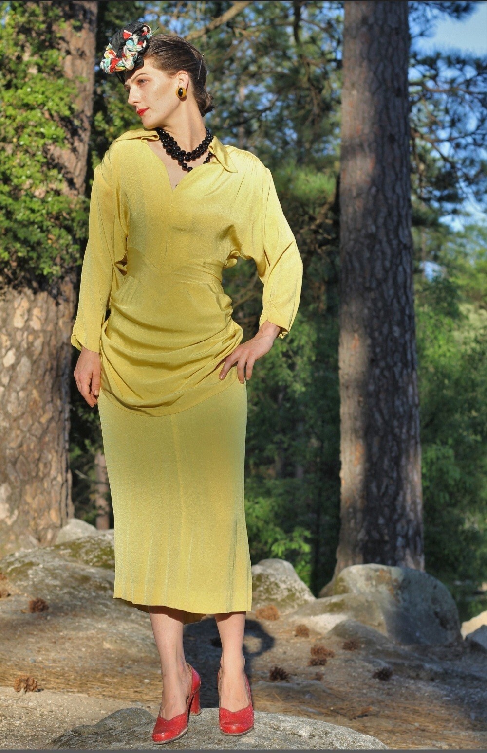 1950s Lilli Diamond Chartreuse Rayon Dress, Bat Wing Sleeves, Swag, Train XS