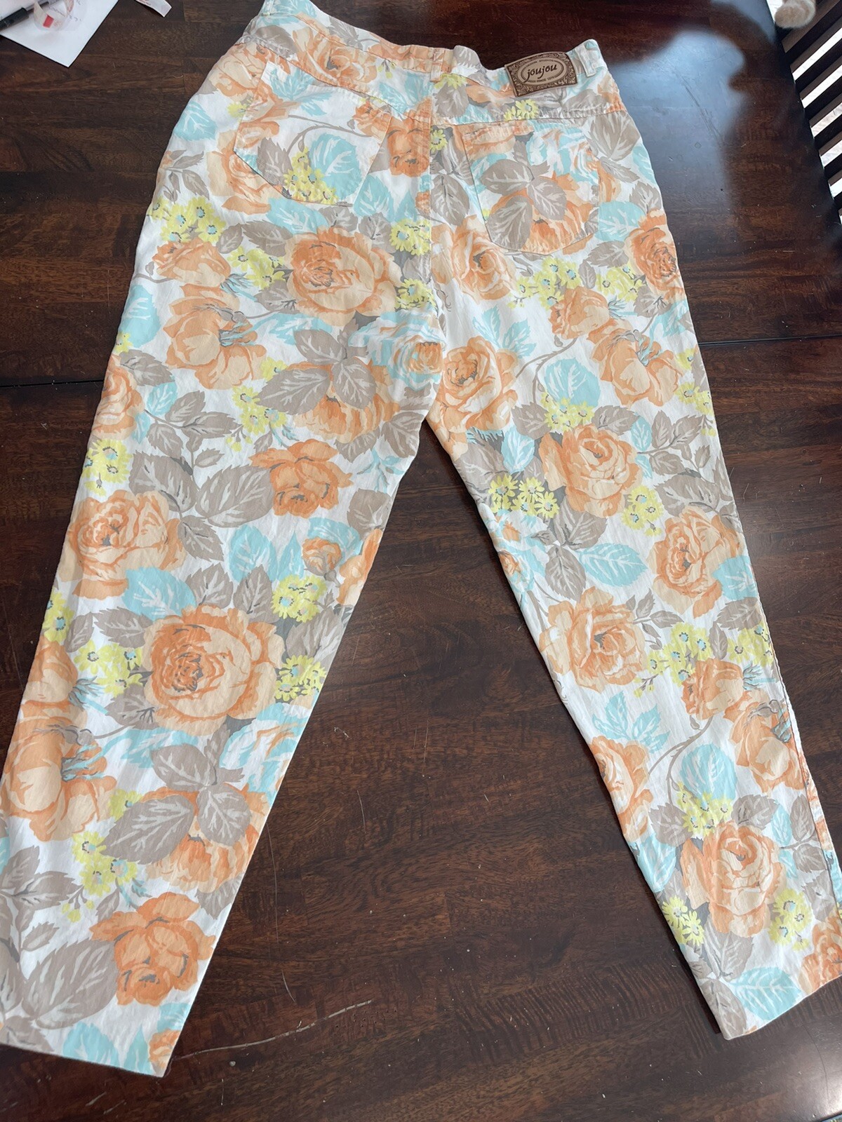 Jou Jou Pants Cotton-1980s-made In USA-EUC-floral-orange-turquoise-beige VTG