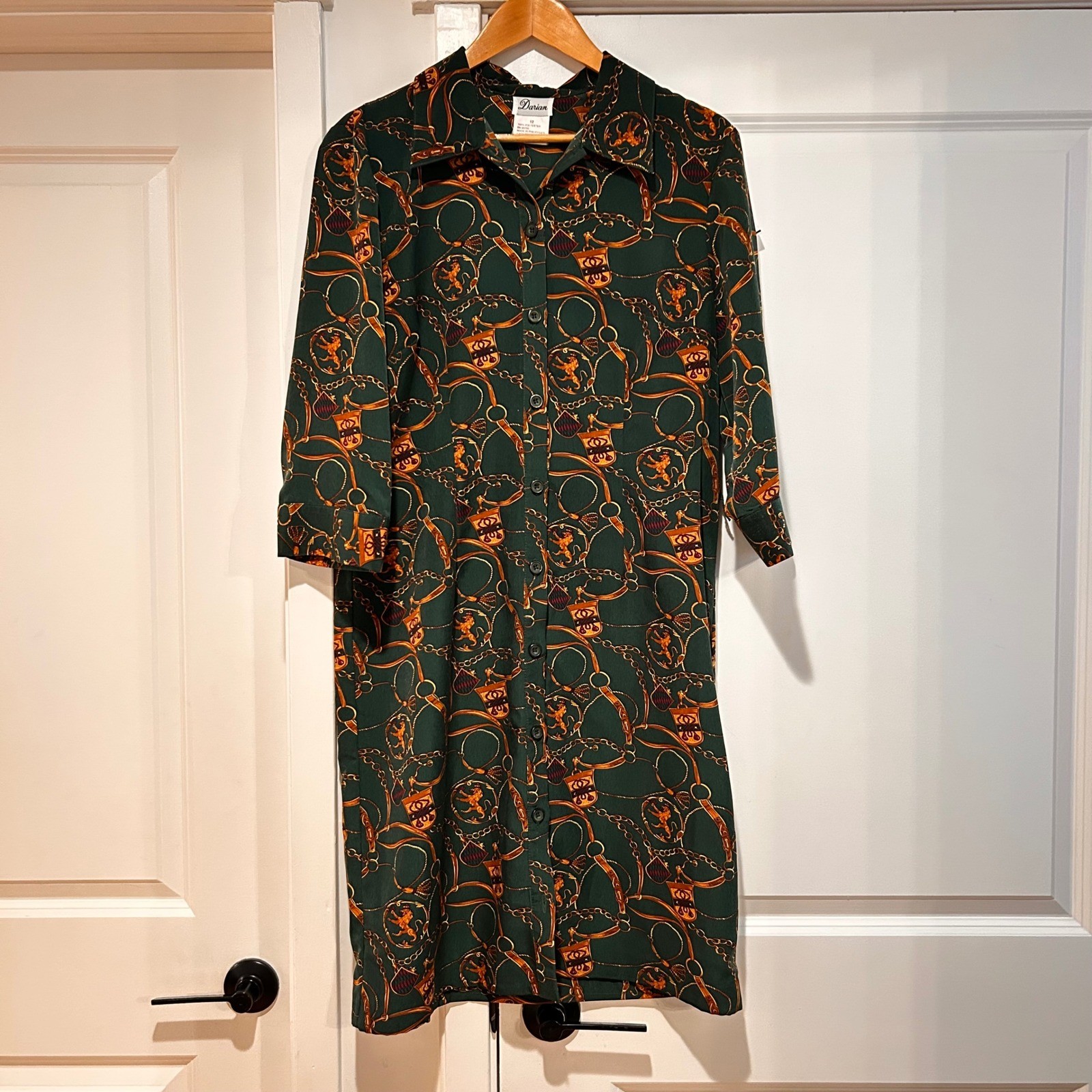 Vintage Darian Green Equestrian Print Shirt Dress Women’s 12 Old Money Heritage
