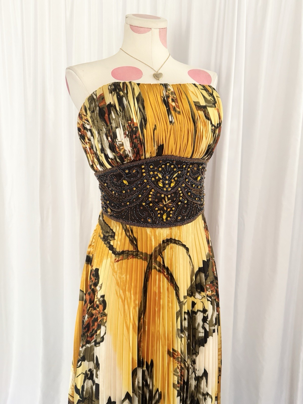 Vintage Yellow Leopard Floral Beaded Sequin Pleated Formal Gown Dress 14 Jovani