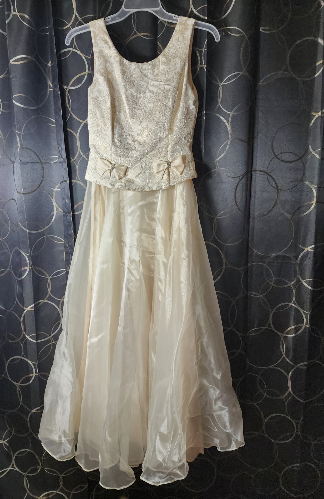 Vintage Speed Fashion 1980s Dress Formal Cream Metallic Gold Floral Size 5/6