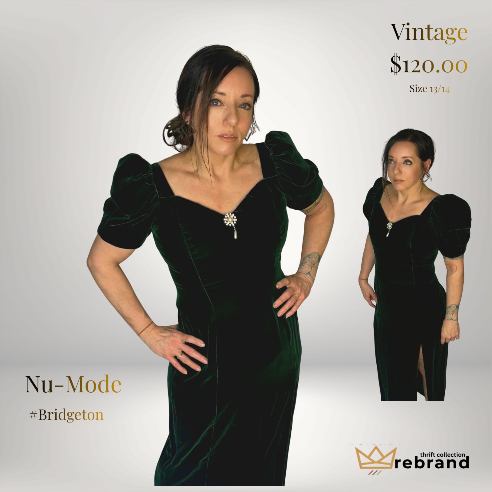 Vintage Green Velvet Dress Womens 13/14 Pearl Brooch Nu Mode Canada Evening