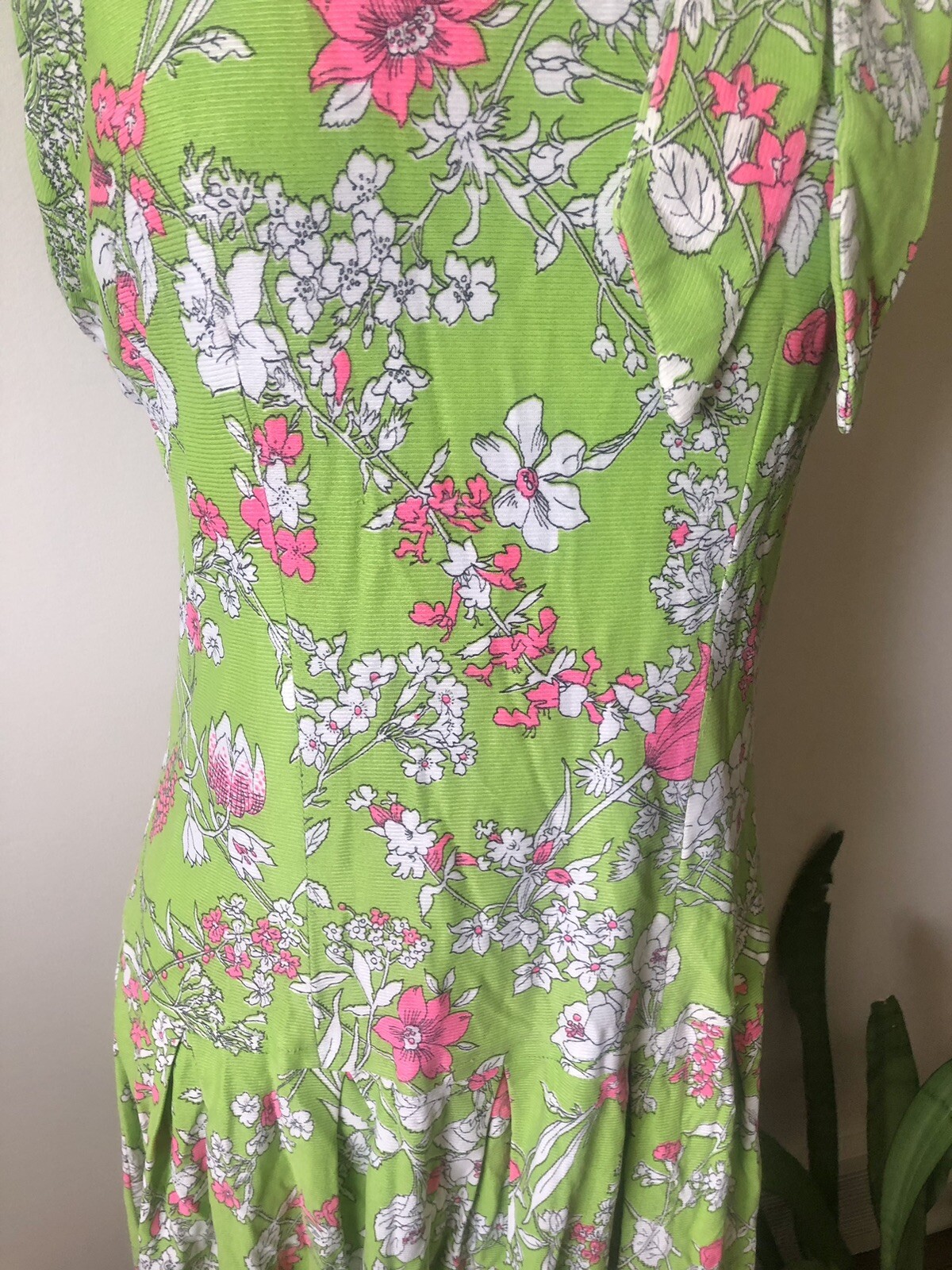 1920’s Inspired Lime Green & Pink Floral Drop Waist Dress