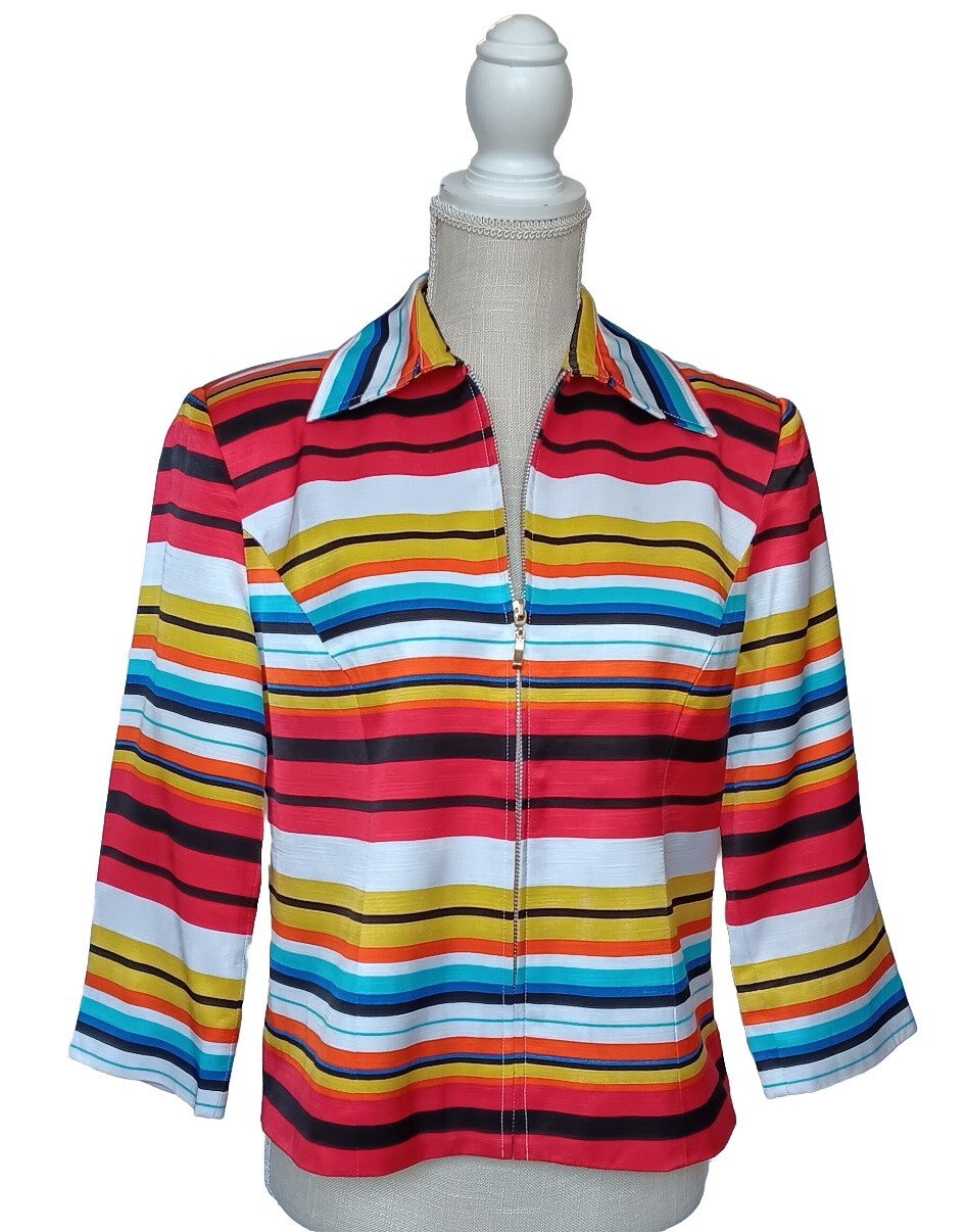 VTG Mishca Collared Rainbow Stripe Multi Color Full Zip Blazer Jacket Sz Large