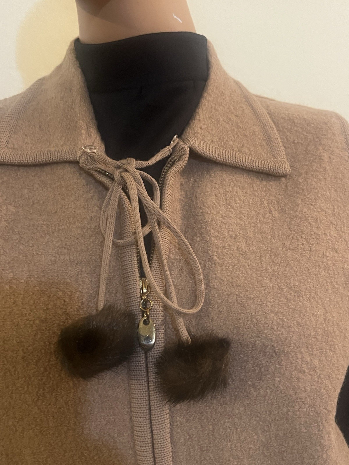 Vintage 70s Pom Pom Vest M/L Faux Fur 100% Wool Tie Neck Camel Tone