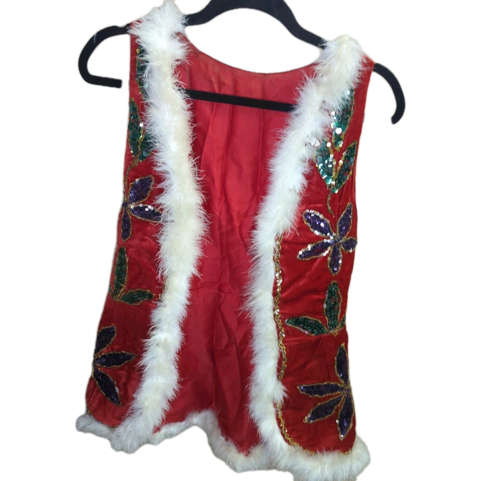 VTG Early 1960s Handmade Red Velvet Sequined Vest White Faux Fur Trim Boho S/M