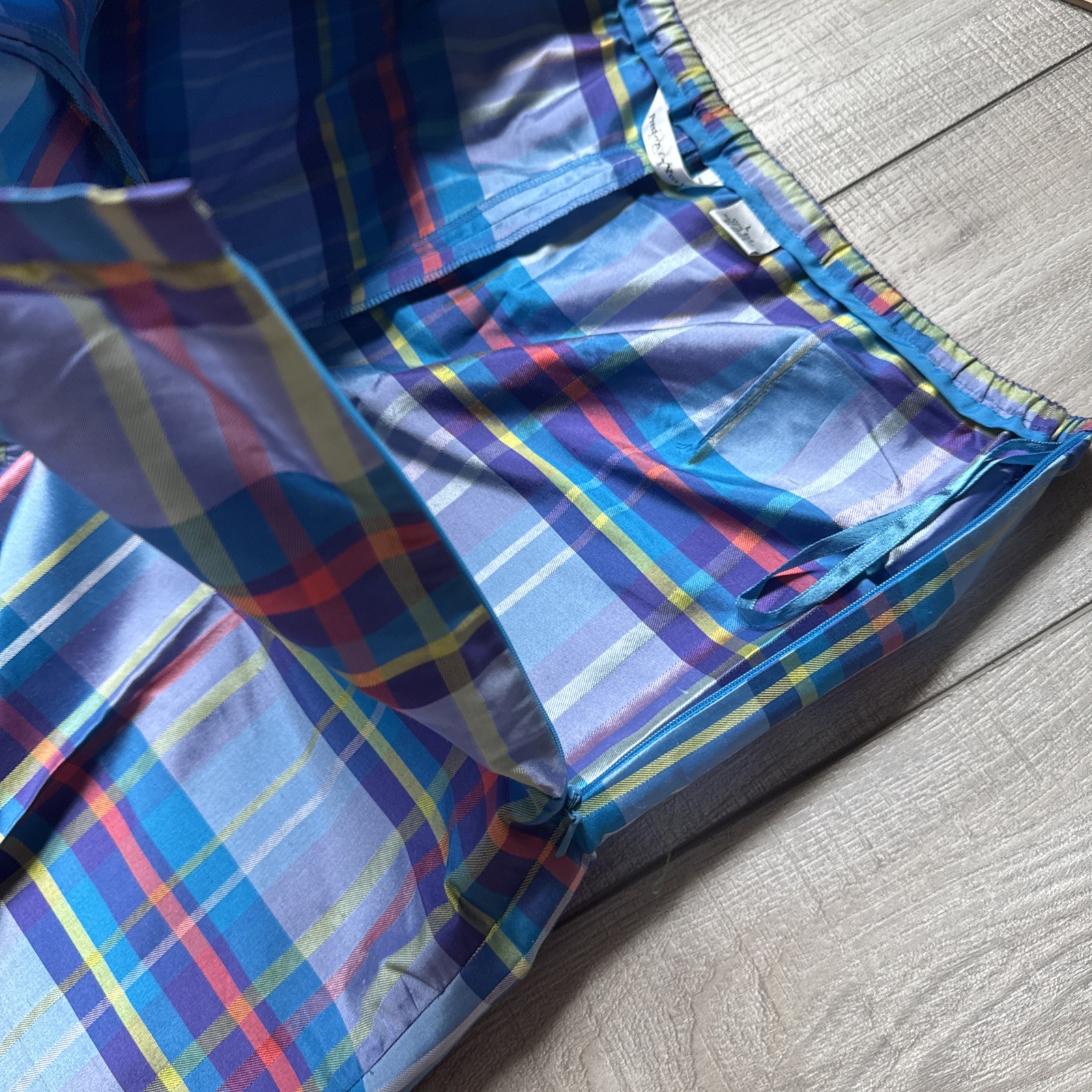 Vintage 90s Preston & York Silk 2pc Pajama Set Top Pants Plaid Womens M/ L Blue