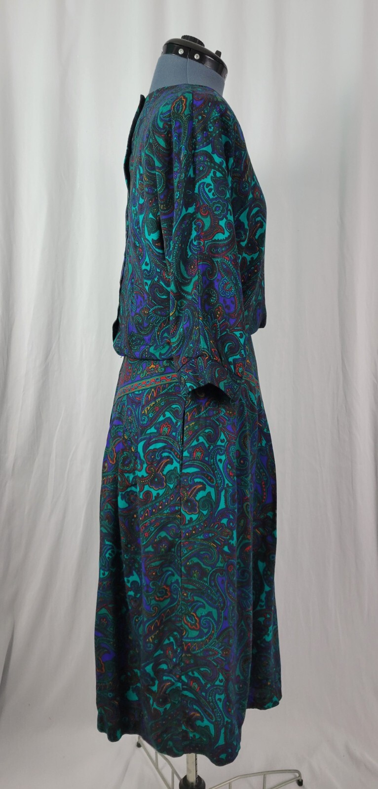 Vintage VLP Petites Green & Purple Paisley Blouson Secretary Dress SIze 8