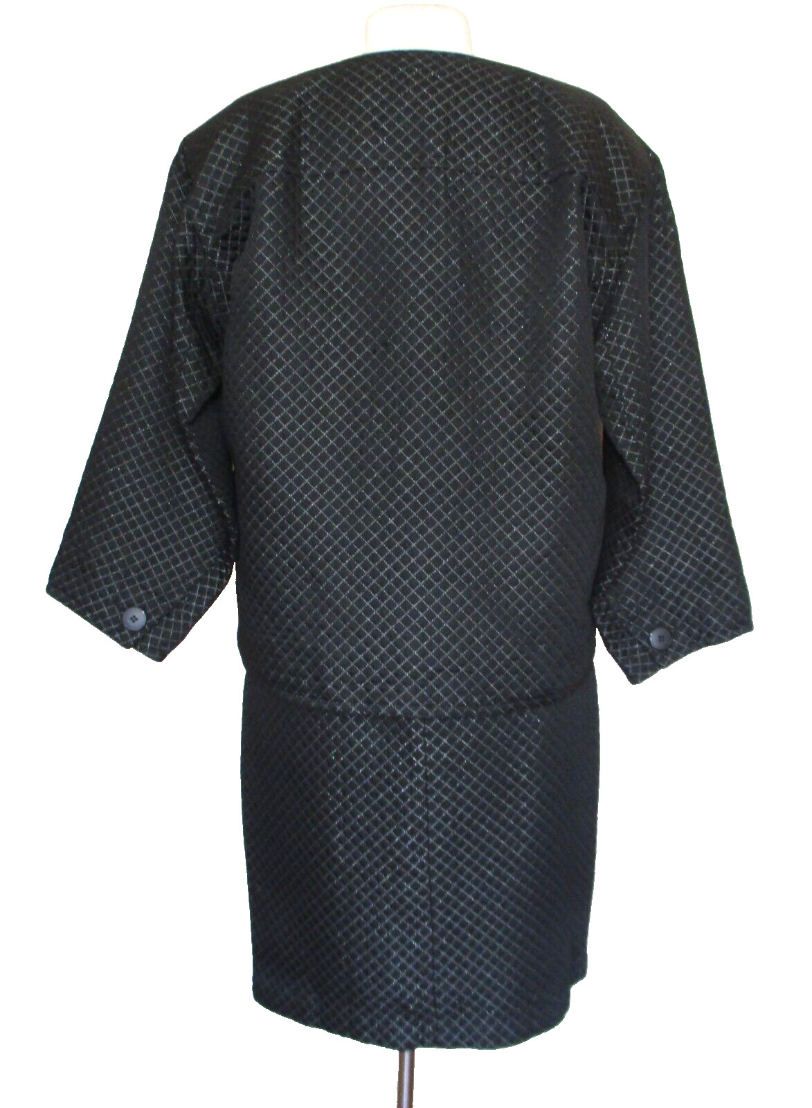 Vtg Bill Blass Skirt Suit Small Women Black Quilted Silver Thread Boxy Jacket