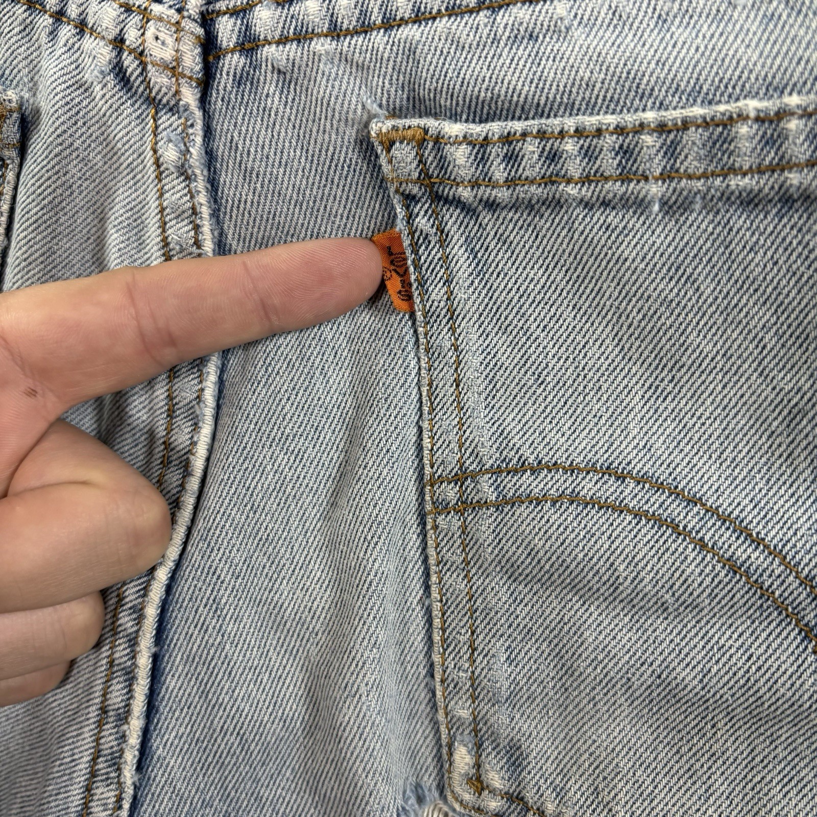 VTG Levis Orange Tab Distressed Cut Off Denim Shorts 34 (Fits 32) Studded Cheeky