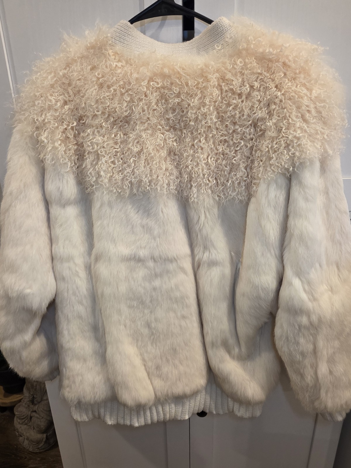 VTG Real Kid Goat Fur & Lamb Shearling Bomber Jacket Cream M Mixed Fur Knit