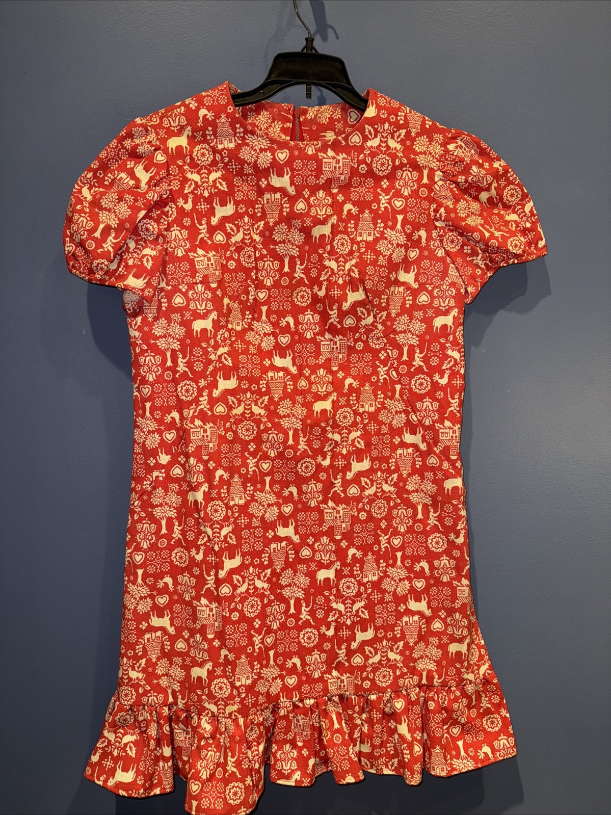 Med. Vintage Dress, Cottage Core 1960 USA Red Fair Isle Dutch 32” Waist