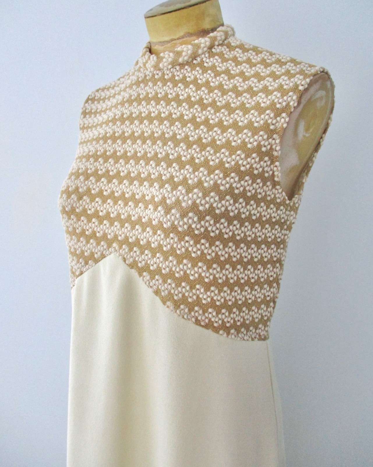 Vtg 60s 70s Cream Sparkly Gold ZigZag Knit 2-Pc Maxi Dress Gown Jacket Suit S/M