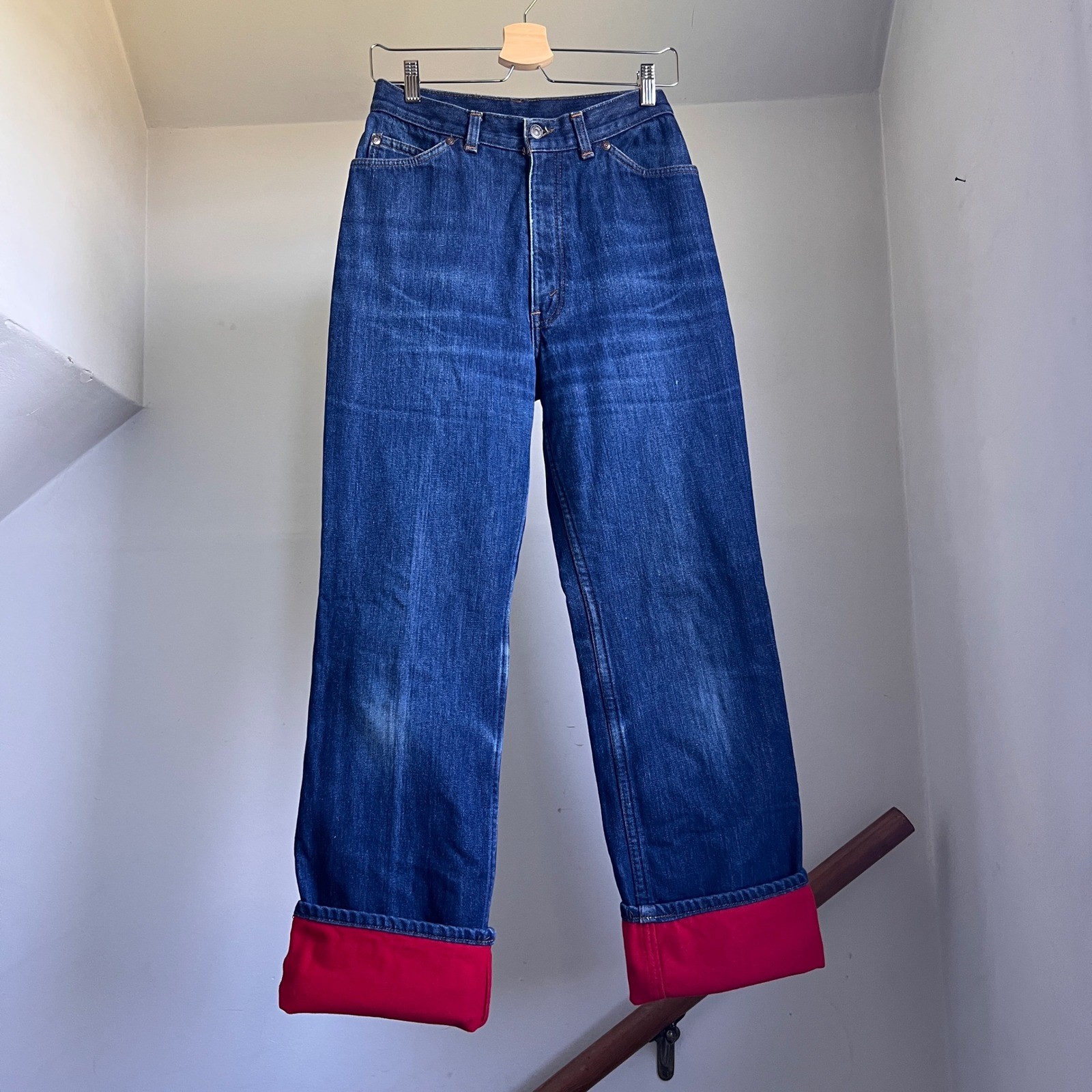 Vintage Levis Jeans Size 28 Red Fleece Lined High Rise Straight Leg Dark Wash