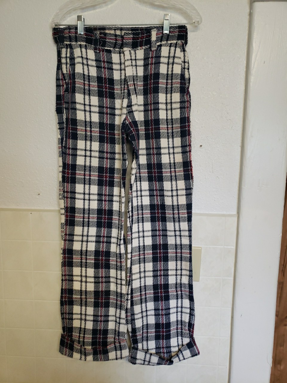 Vtg 60s 1970s Plaid Pants Cuffed 30×30 Red White Blue Bell Bottom Flare TopsAll