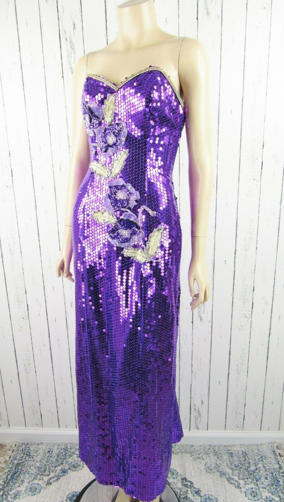 Vintage 80s Alyce Designs Purple Sequin Strapless Gown Prom Dress XS / S