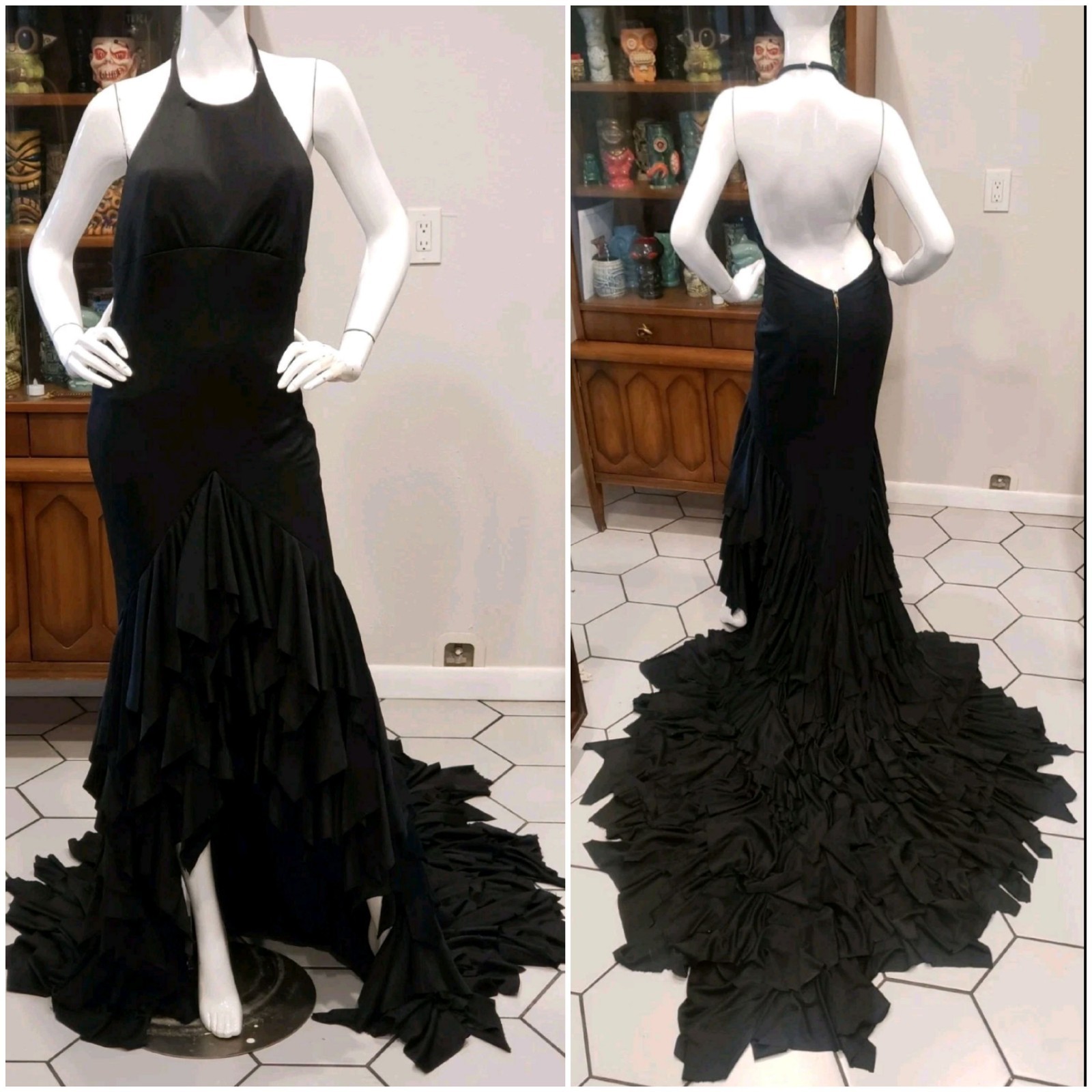 Vintage 1960s Jersey Knit Tiered Gothic Burlesque Halter Dress Gown