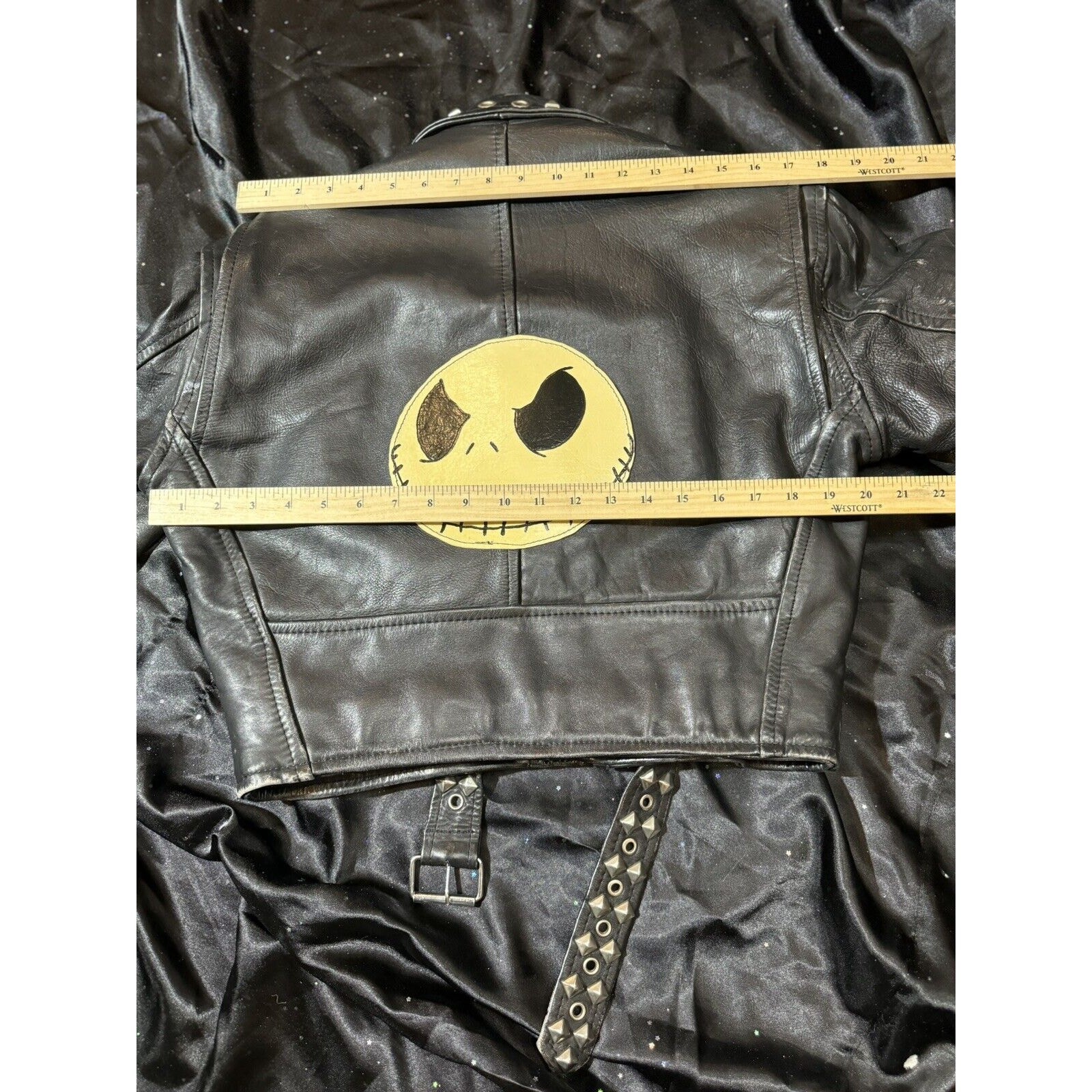 Vtg Nightmare Before Christmas Cropped Studded Leather Jacket Hand Painted Jack