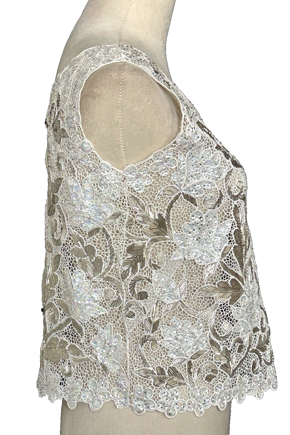 Vintage Hand Finished Floral Sequined White Silver Beaded Lace Applique Top