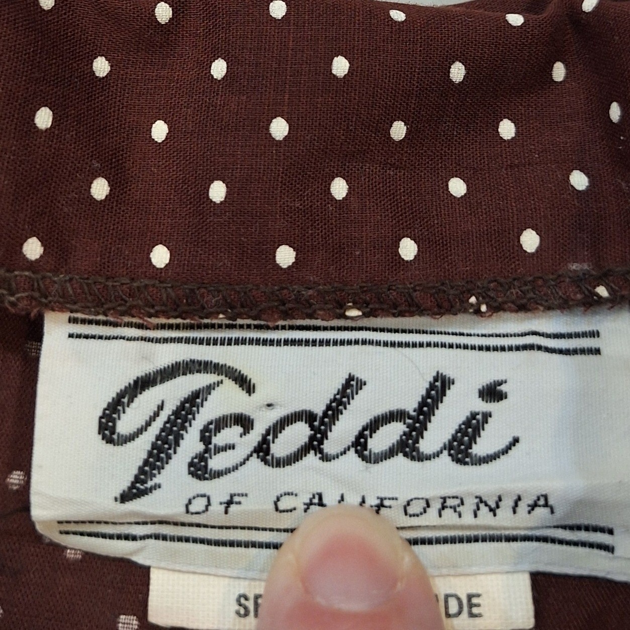 Vtg 70s Teddi of California Sz 10 (S-M) Brown Polka Dot Western Piping Shirt