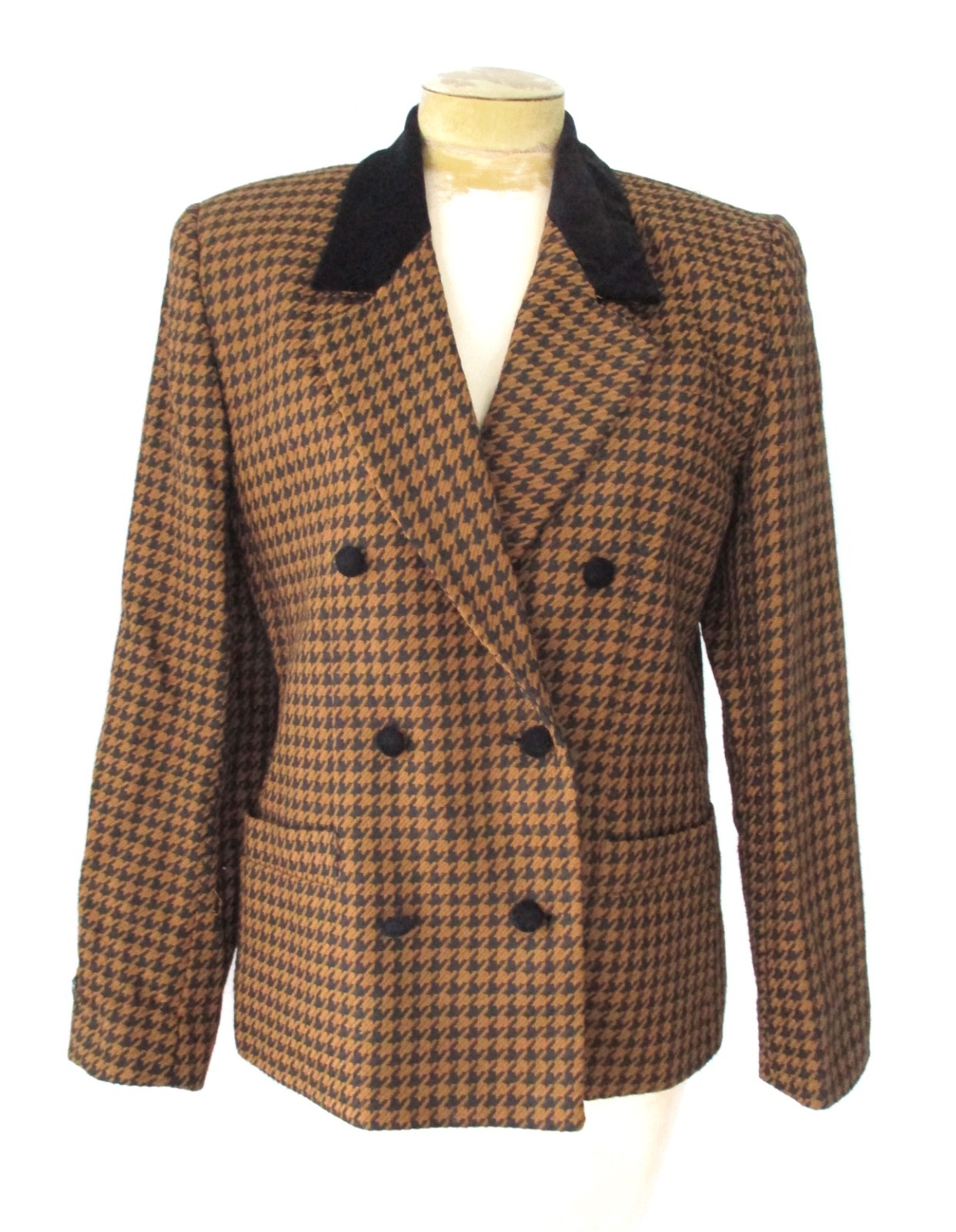 Vtg 80s boxy brown black houndstooth executive career blazer jacket pockets 8