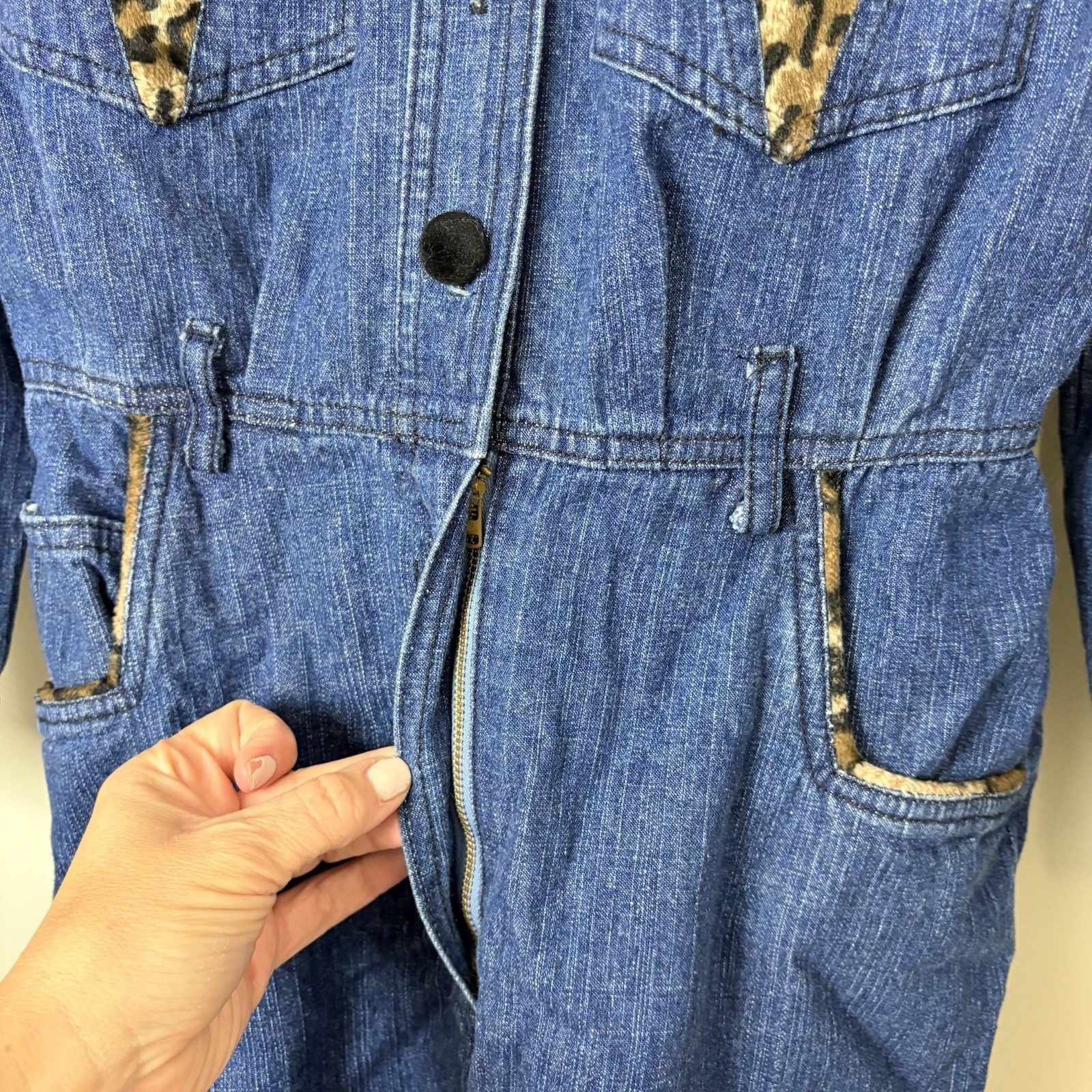 Vintage 80s Womens 4P Denim Dress Retro Western Leopard Cowgirl Festival Concert