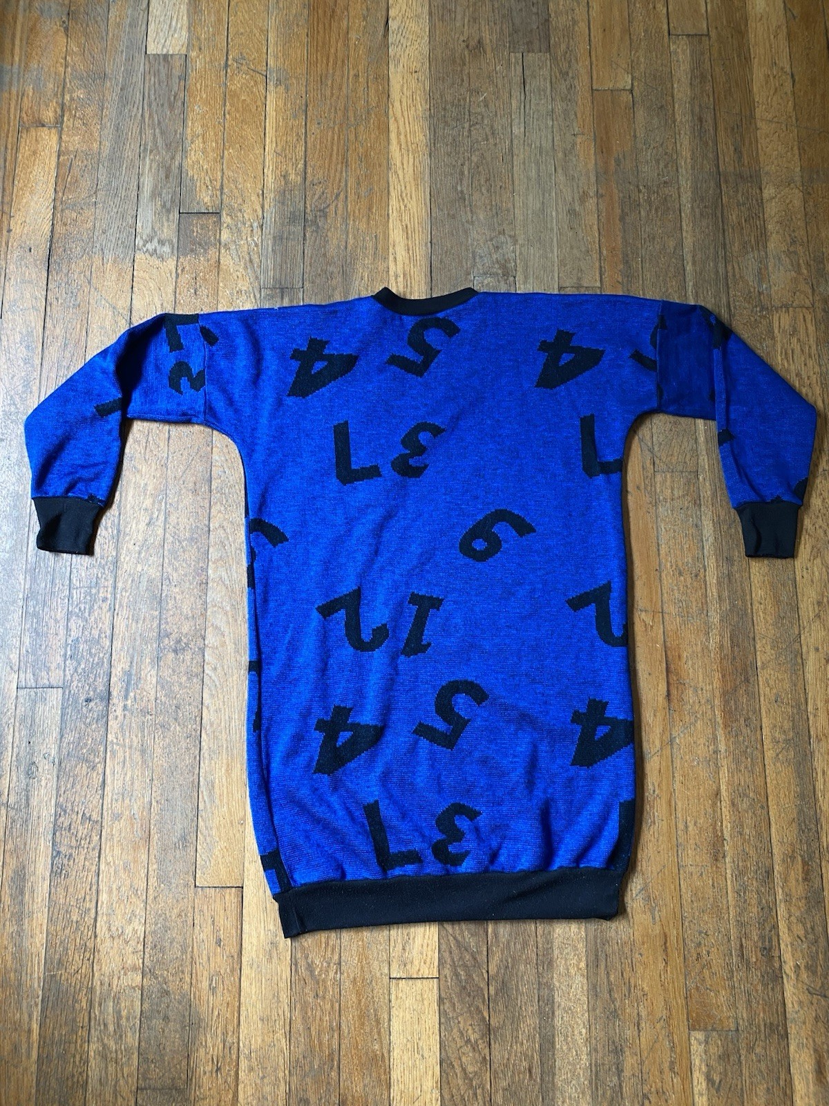 Vtg 80s Sears Graphic Number Knit Sweater Dress Small Blue Black New Wave USA