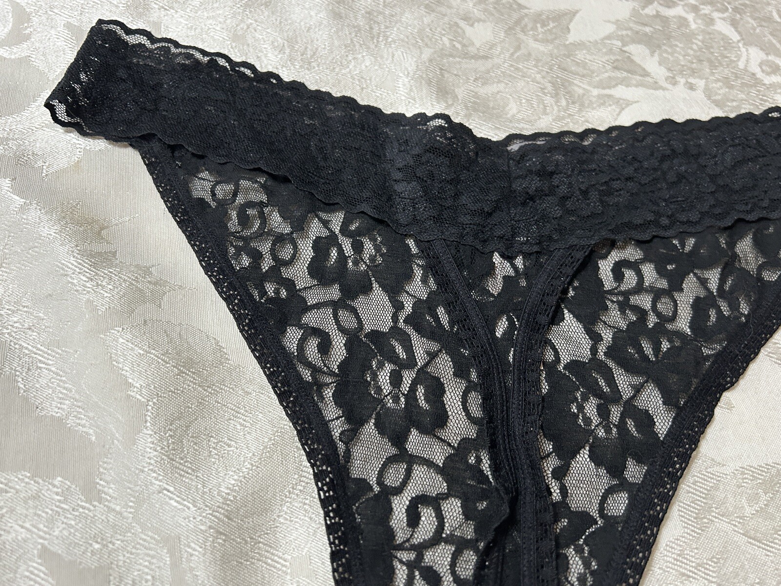 Vtg CACIQUE Floral Lace Mesh 2″ Waistband 18/20 Black Thong Panties #124