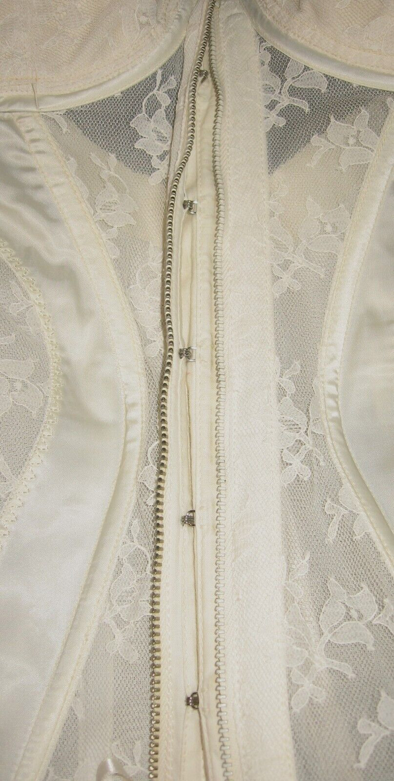VtG 60s FORMFIT Pinup Corset White Sheer Lace Satin Full-Zip Girdle Garters 36C