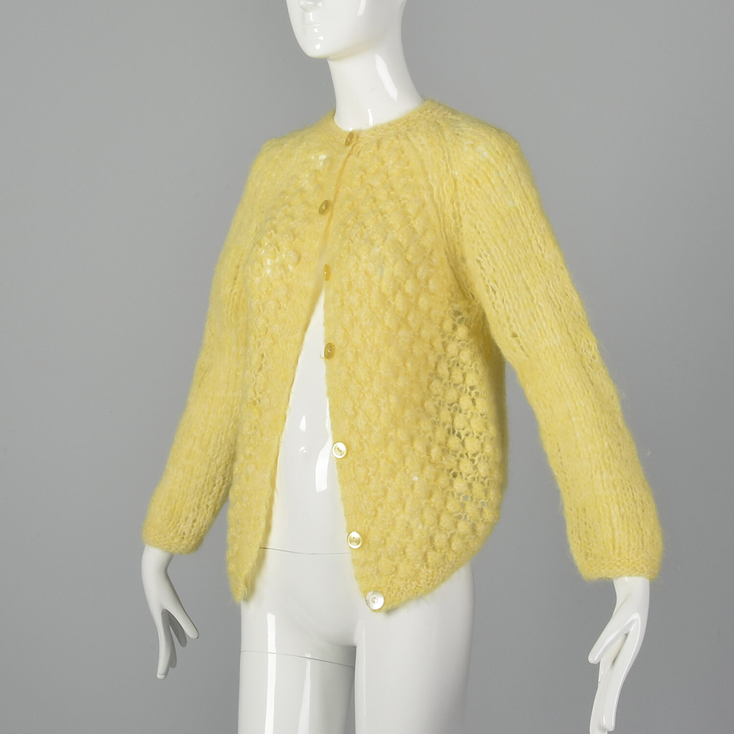 Large 1960s Sweater Yellow Hand Knit In Italy Cardigan Puff Stitch VTG 60s