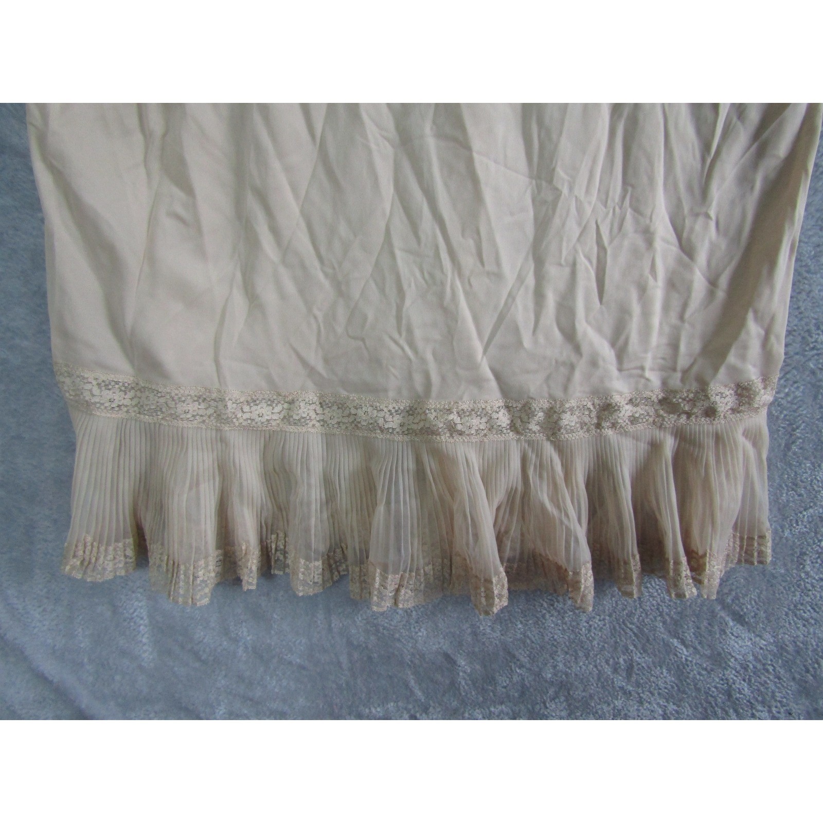 Vintage Beige Lace Trim Full Slip Dress Pleated Ruffle Hem Adjustable Straps