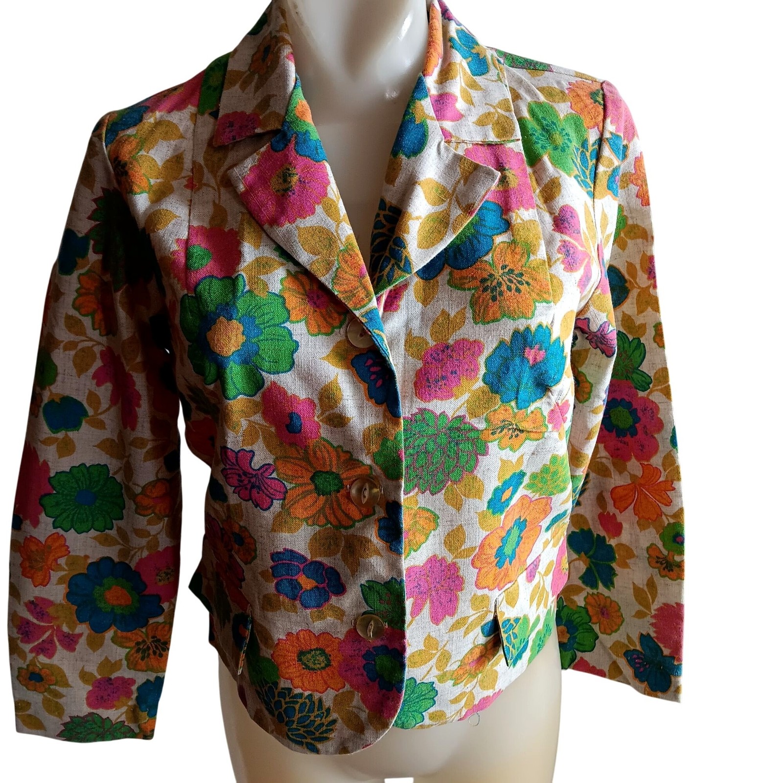Women’s Small Vintage Blazer Jacket 60’s Beeline Fashions Floral Print Linen Mod