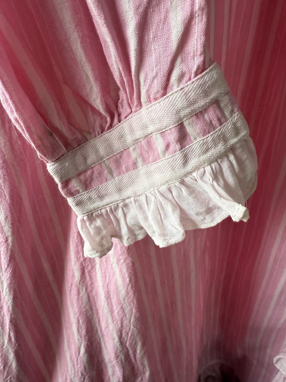 Antique Handmade Pink Striped Dressing Gown Robe In Heavy Cotton With Lace M