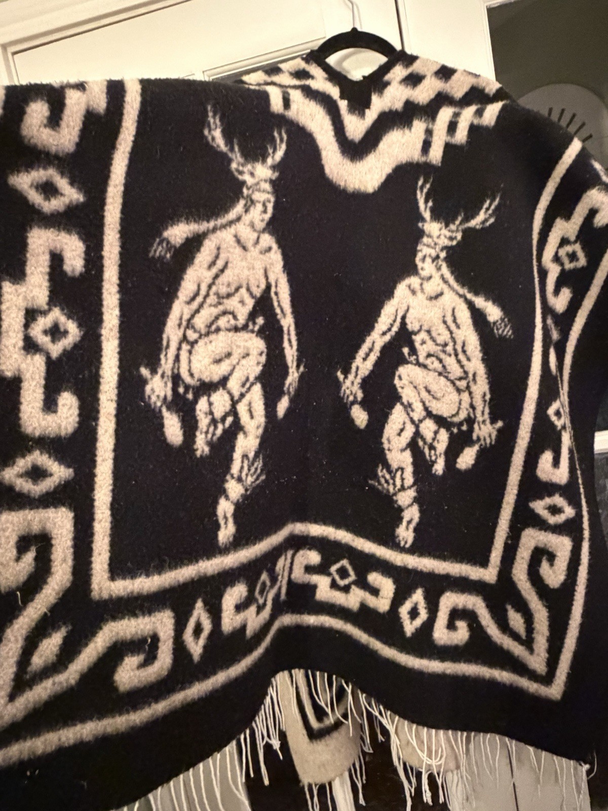 Vintage Reversible Black And White Native Indigenous Wool Poncho