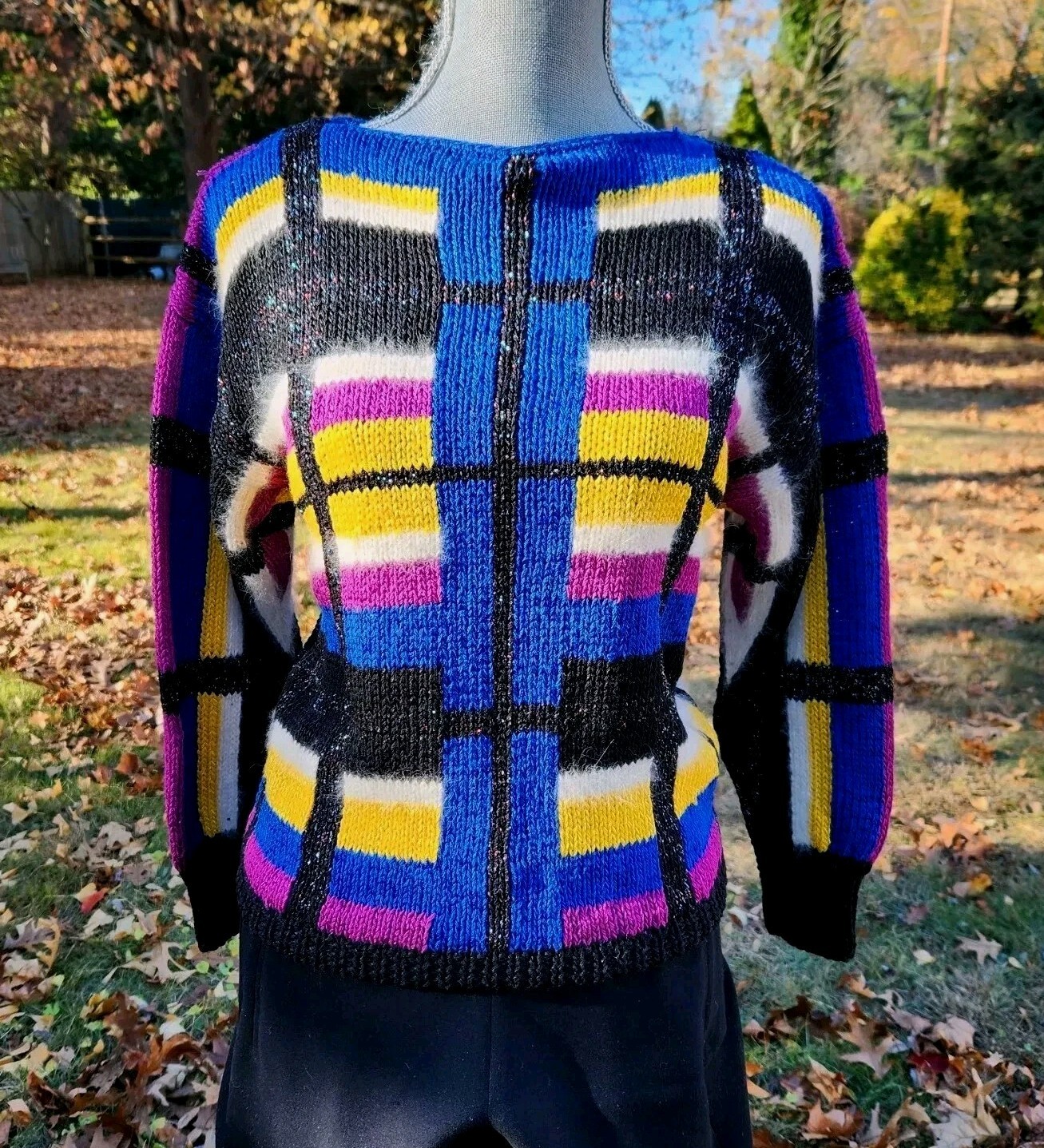 Vintage 80s Nannell Sweater Hand Knit Bright Colorful Geometric Rayon Angora XS