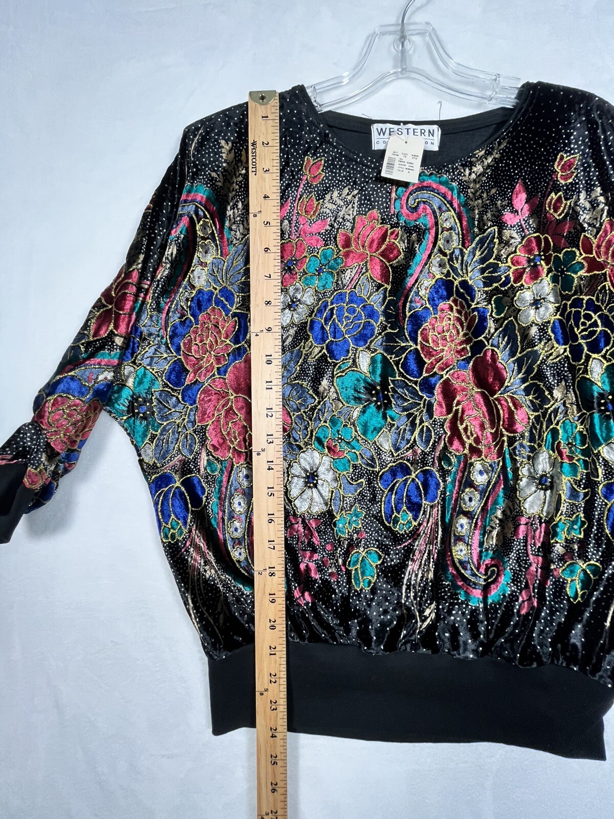 Vintage NWT Western Connection Womens L Top Black Batwing Floral Colorful