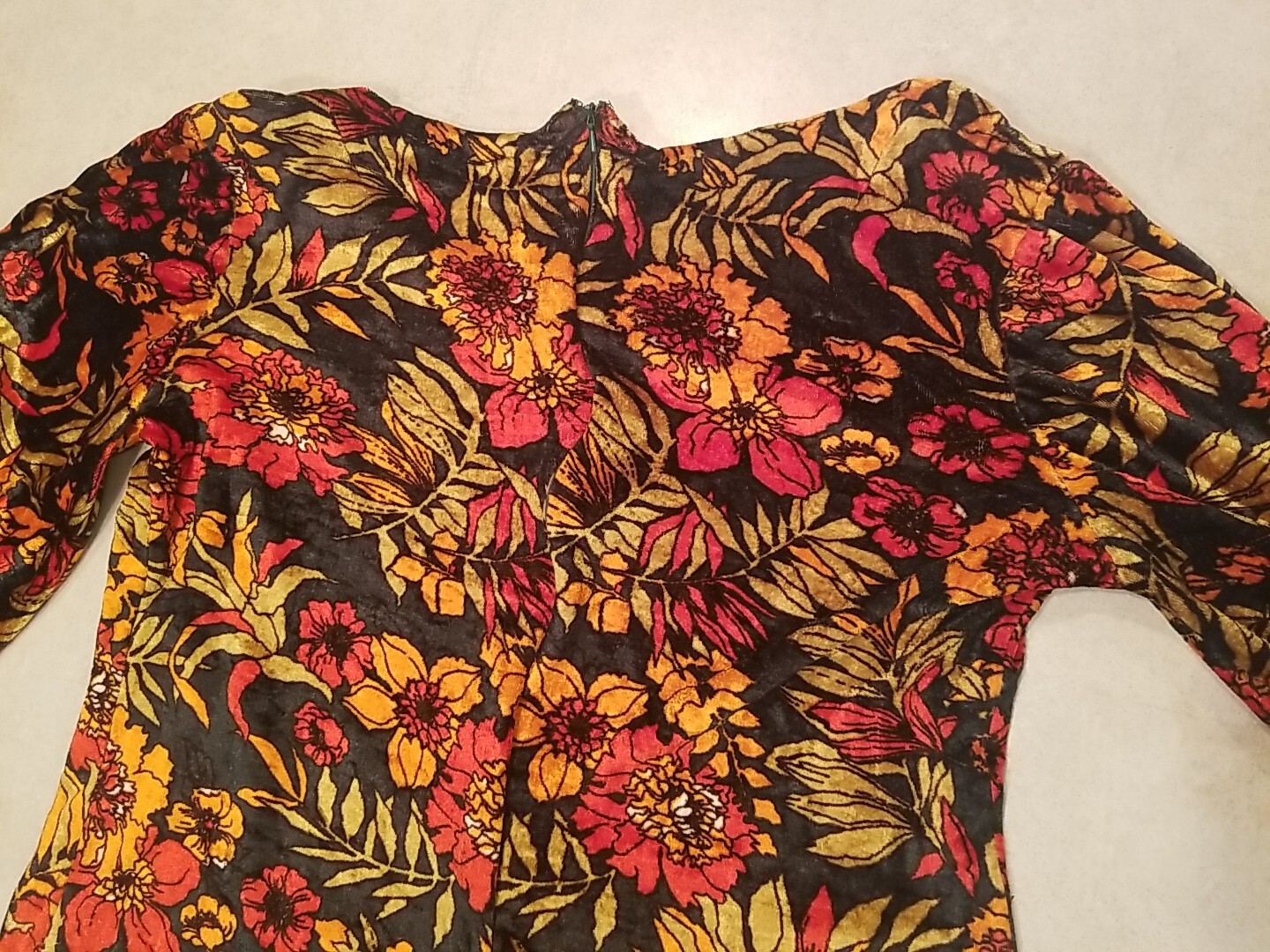 Vintage 1970s Handmade Mini Dress Orange Red Floral Design Zipper Closure Velvet